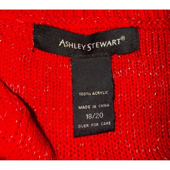 Red Ashley Stewart Sparkly Plus Size 18/20 Cable Knit Sweater Gold Shimmer Cute - Picture 5 of 7